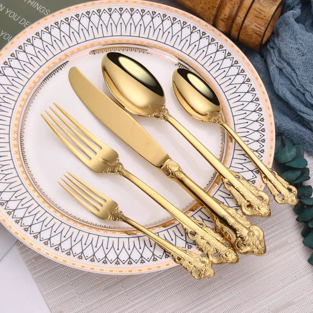 

Western Gold /Silvery Plated Cutlery 4pcs Dining Knives Forks Teaspoons Golden Luxury Dinnerware Engraving Tableware Set