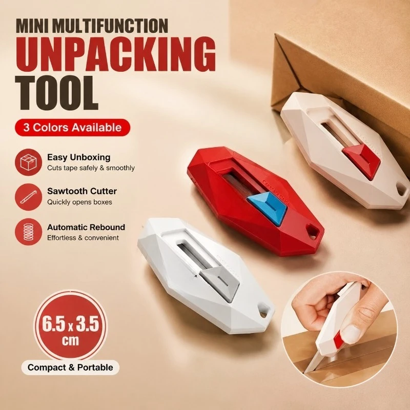 

Mini Multifunctional Unpacking Tool, Automatic Rebound Portable Sawtooth Cutter Letter Opener, 6.5x3.5cm, 3 Colors