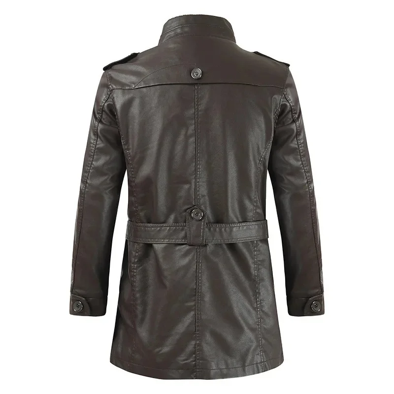 2023 New Men Trendy Mid-Length Motorcycle Outwear Winter Fleece-Lined Casual Youth Stand Collar Leather Wind Coat