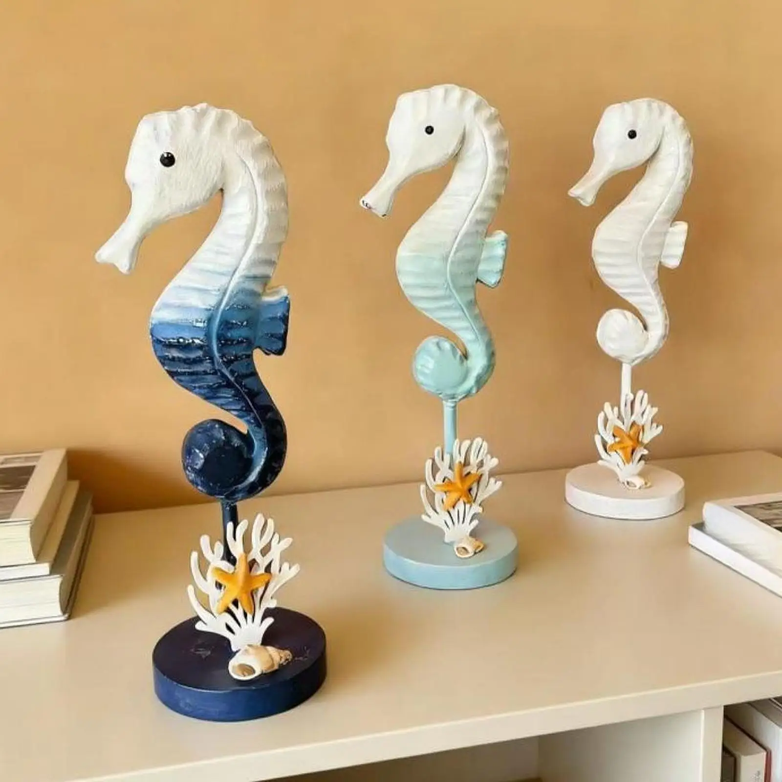 Seahorse Wooden Figurines Coastal Decor Nautical Beach House Sculpture Modern Decoration Statuette for Ocean Room