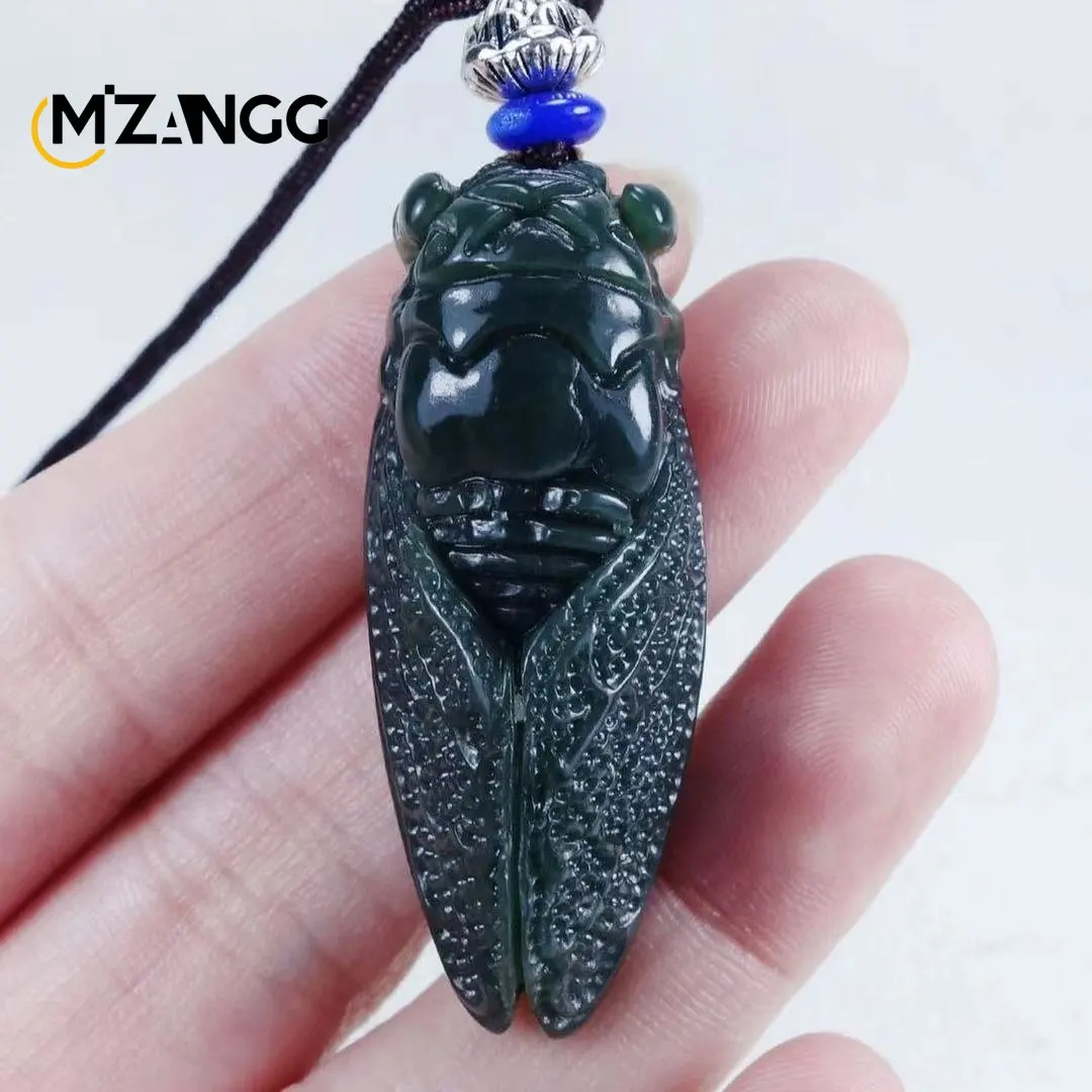 Natural Ink Jade Cicada Pendant Necklace Hand Carving Jewelry Fashion Lucky Amulet Men Women Gifts