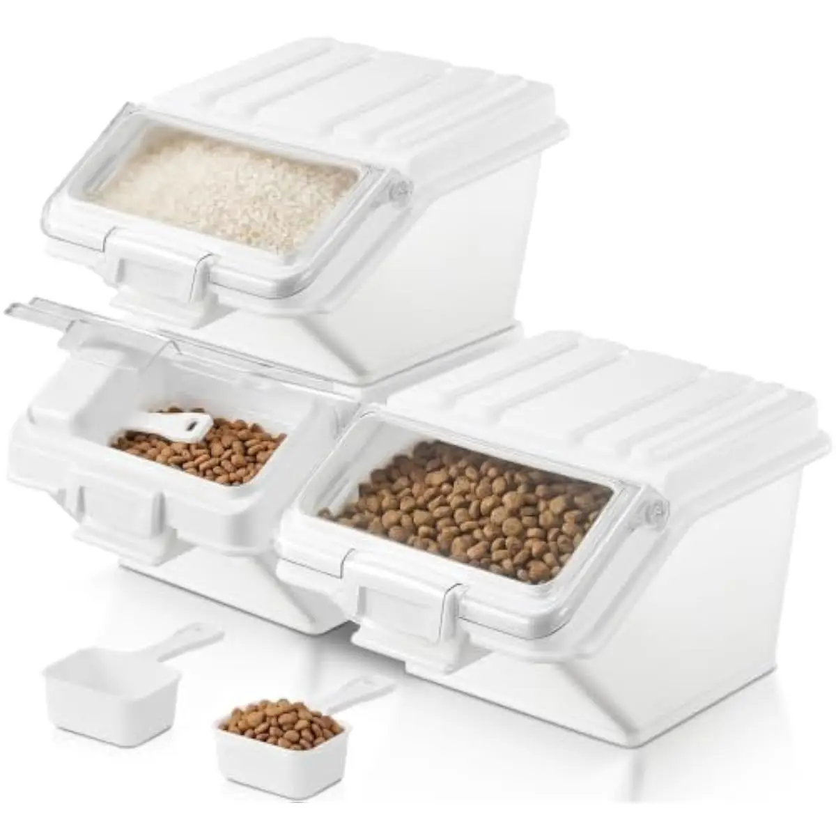 3 Pack Pet Food Storage Bins 30 L Fresh-Keep Containers with Integrated Scoop Slot Stackable Dual-Lid Design Food-Safe BPA-Free