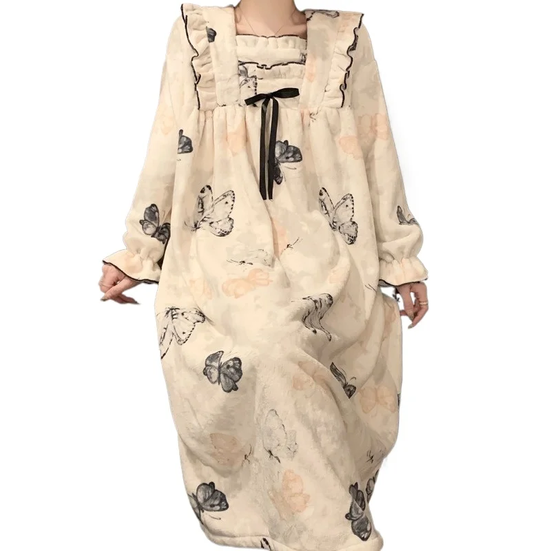 

Flannel Nightgown Autumn Winter Thickened Korean Version Loose Long Princess Style Women' Pajamas Can Be Worn Outside Loungewear