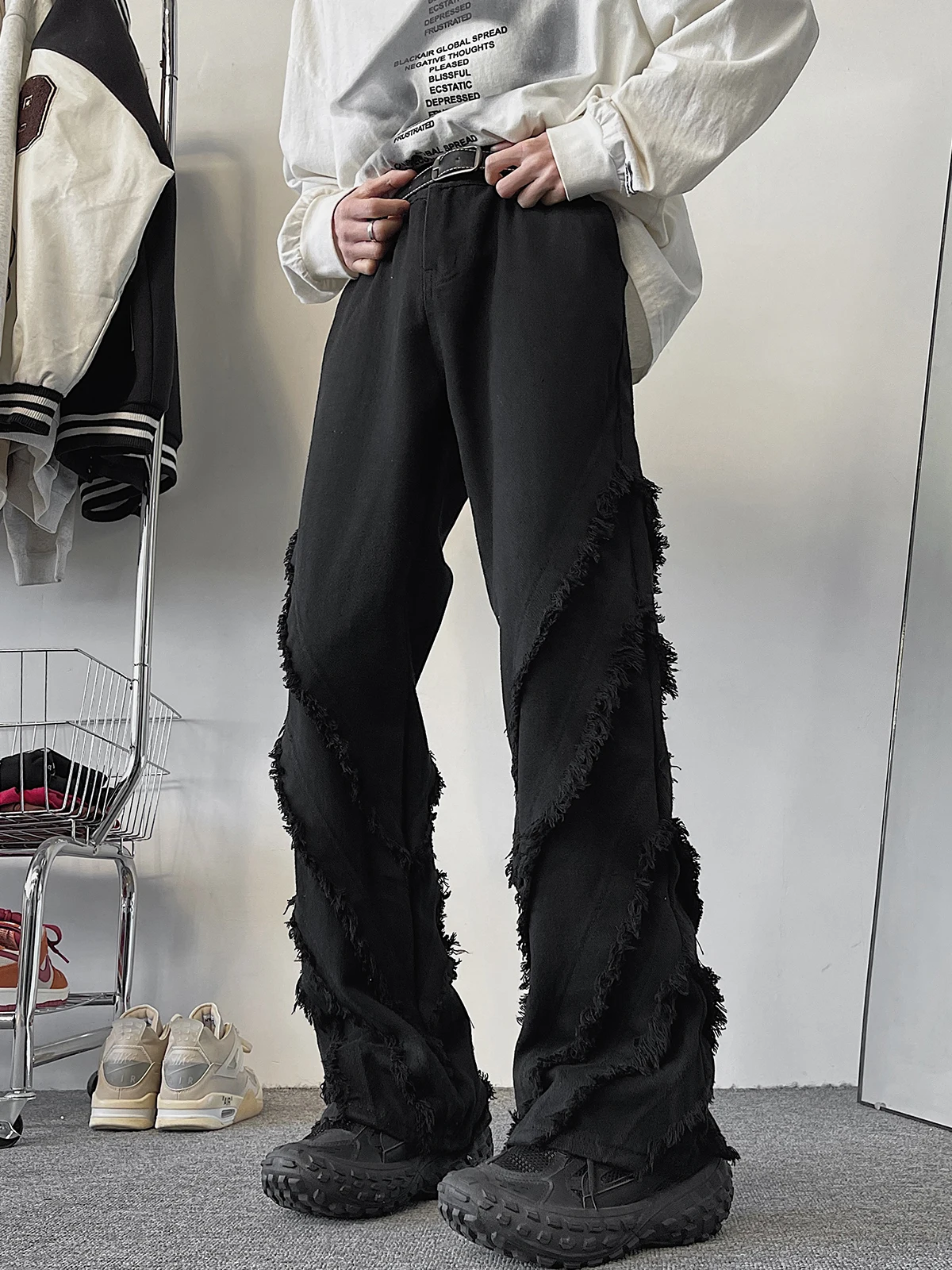 

Hip Hop High Street Men's Jeans Destroyed Loose Straight Leg Wide Leg Pants with Frayed Hem Casual Spring Faion