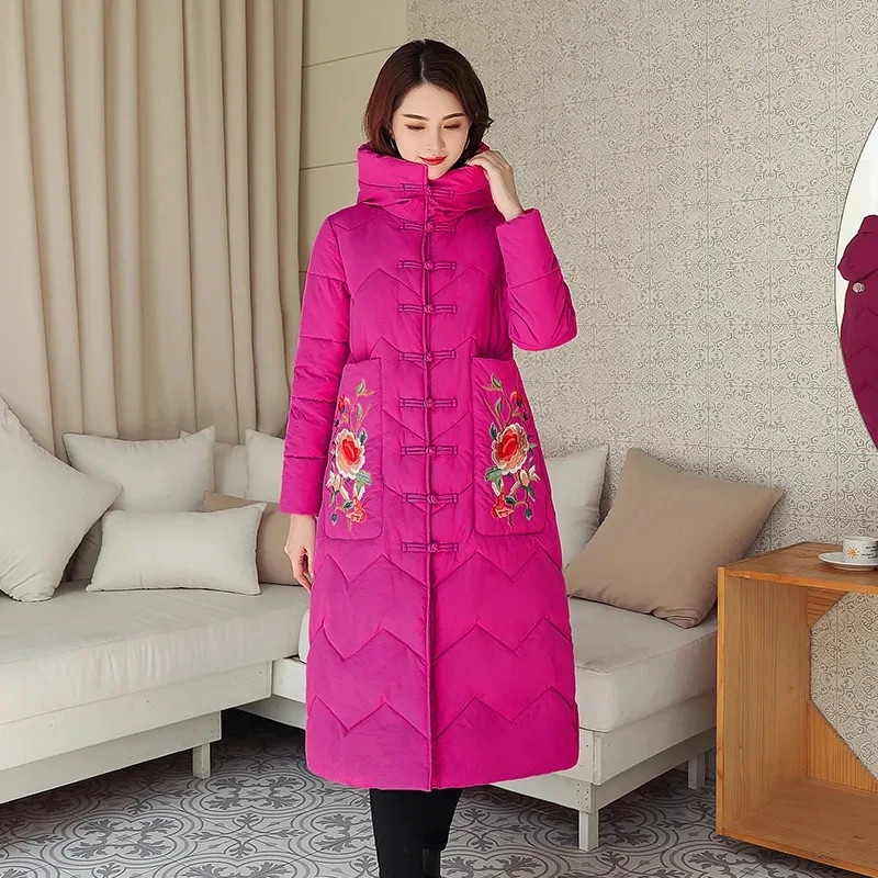 Fashion Womens Winter Jacket Long Parkas Retro Ethnic Style Ladies Hooded Pocket Coat Thick Warm Cotton Clothing Snow Overcoat