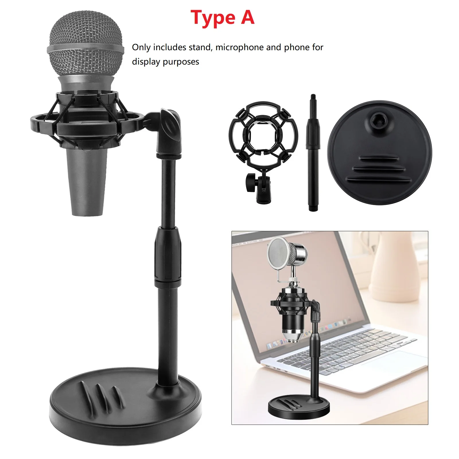 Adjustable Height Microphone Stand with Phone Holder, Stand Desk Table with Weighted Base 2 Types Optional