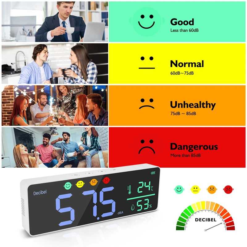 ●DM1306D Digital Decibel Sound Meter Smart Wall Mounted Noise Detector 30-130DB Temperature and Humidity Monitor-ABFB