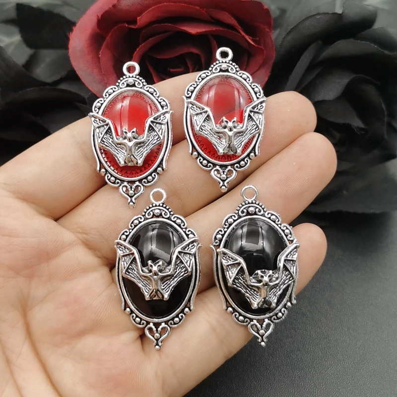 4pcs Gothic Vampire Bat Silver Plated Framed Bat Cameo Charms Halloween Witch Pendant Fit Jewelry Making DIY Jewelry Findings