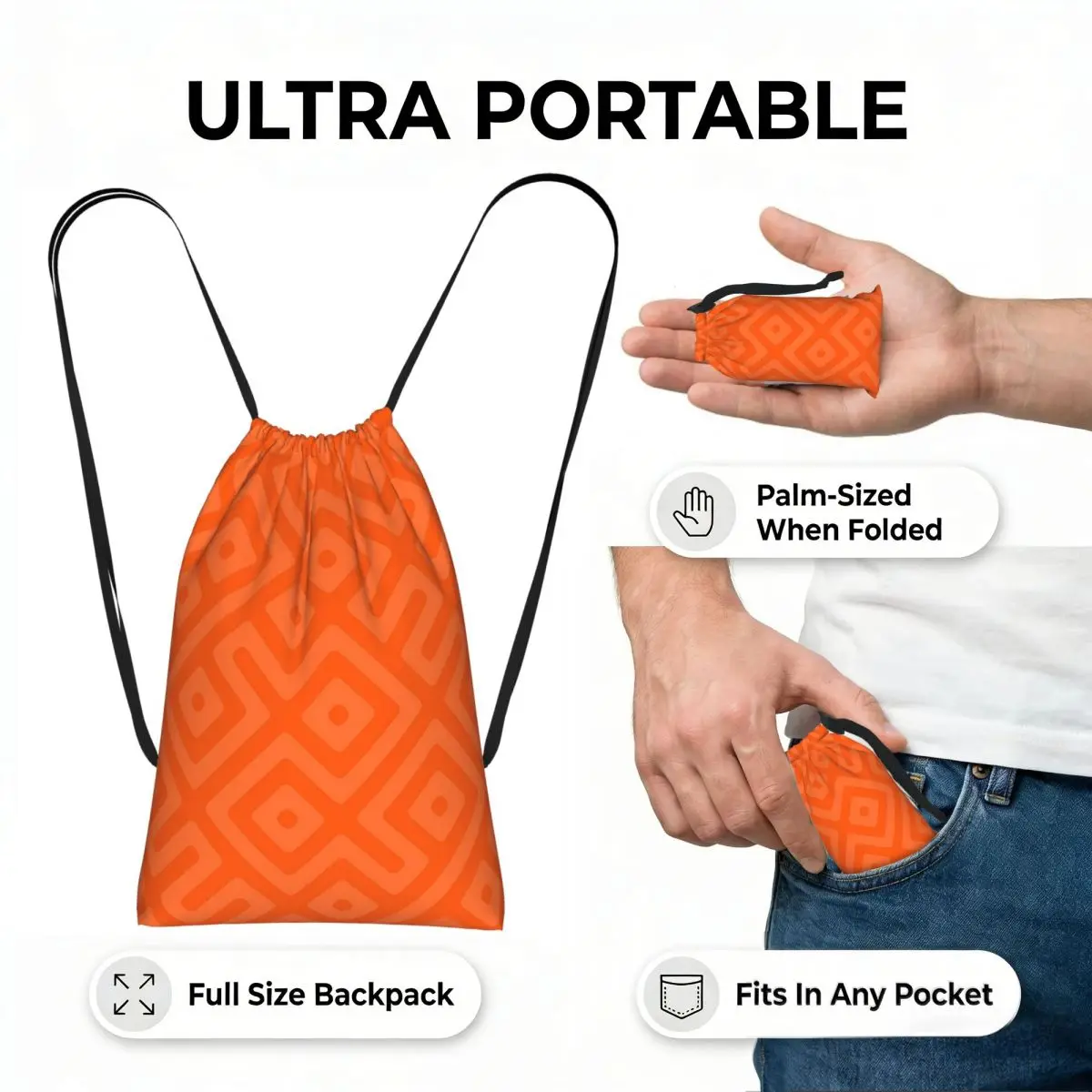 Beautiful Orange Middle-Eastern Endless Oriental Drawstring Backpack hiking cycling Bag Portable Travel Drawstring Bag Men Women