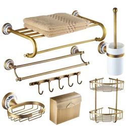 Antique Brass Bathroom Accessories Towel Bar Paper Holder Cloth Hook Soap Dish Cup Holder Toilet Brush Holder Ceramic Sets