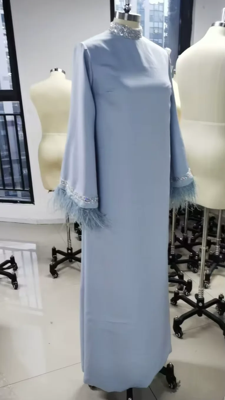 

Oisslec Prom Dress Elegant Vintage Sweet Sky-Blue Feathers Beads Customized Formal Occasion Prom Dress Evening Party Gowns