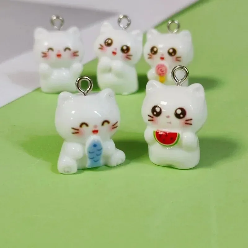 10Pcs Vivid Kawaii 3D White Cat Resin Charms Kitten With Watermelon Lollipop Fish Pendants DIY Ornaments For Necklaces Earrings