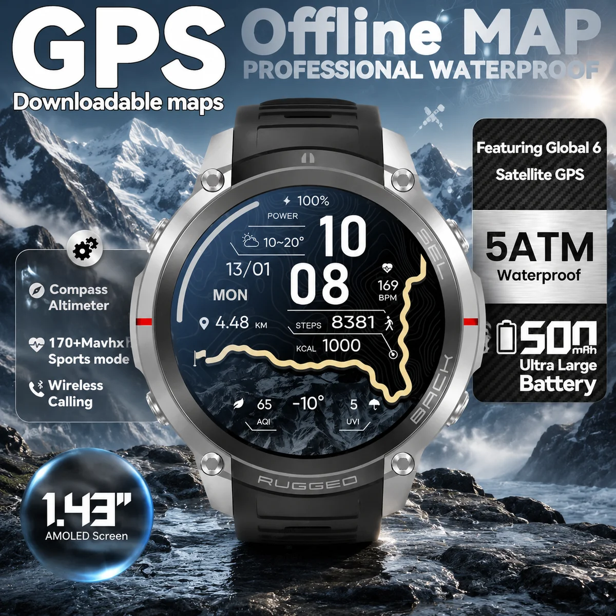 2026 GPS Smart Watch Men 5ATM Waterproof 170+ Sports Offline Map Compass Altimeter AMOLED Bluetooth Call Outdoor Smartwatch Man
