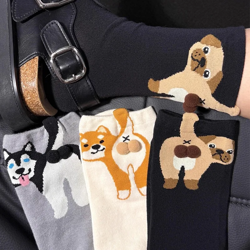 3 أزواج الكرتون لطيف الكلب القط البيض جوارب قطنية Kawaii النساء لينة القطن الأوسط أنبوب Sockings القط بعقب طباعة القط كرات زوجين الجوارب