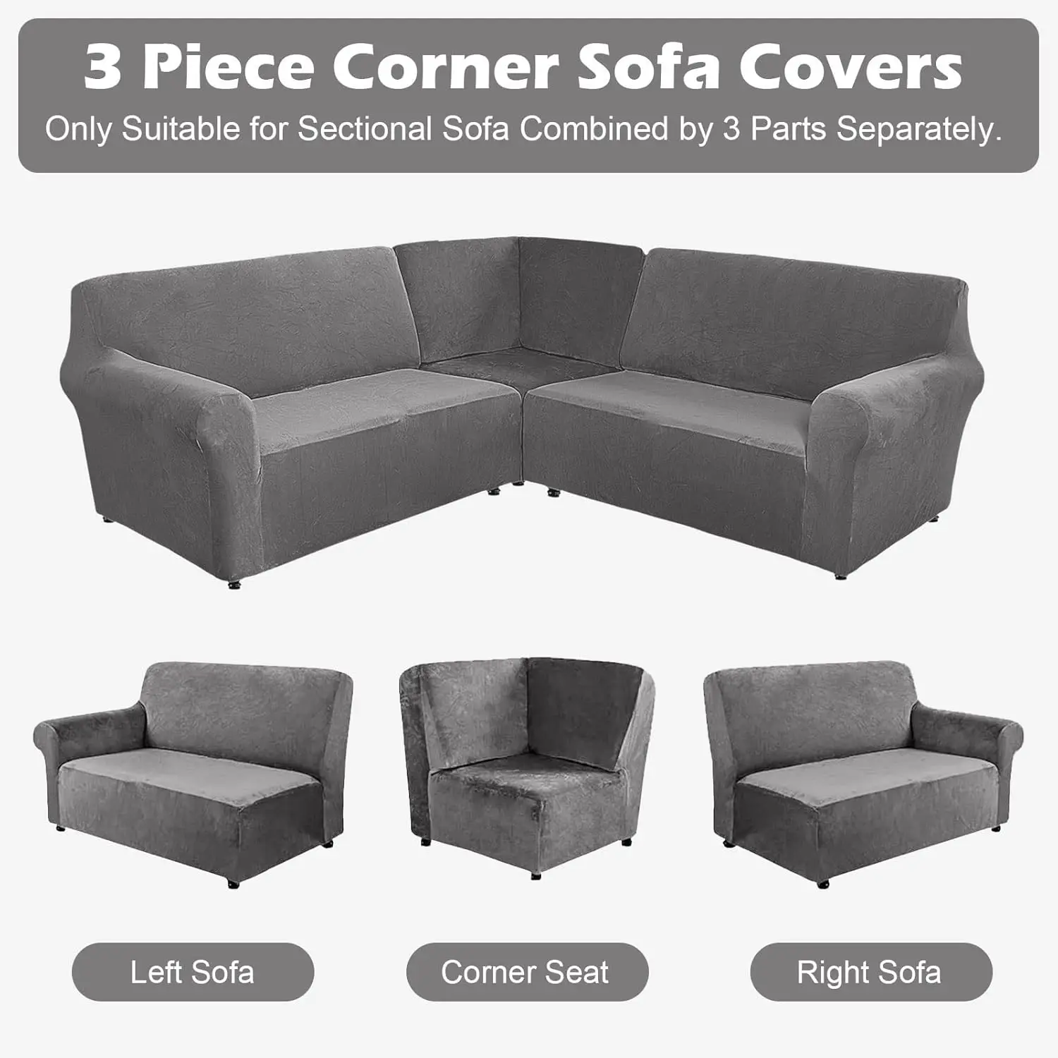 Velvet 3 Pcs L Shaped Couch Covers Sectional Sofa Corner Sofa Covers Plush Stretch 5 Seat Corner Sofa Slipcover Couch Protector