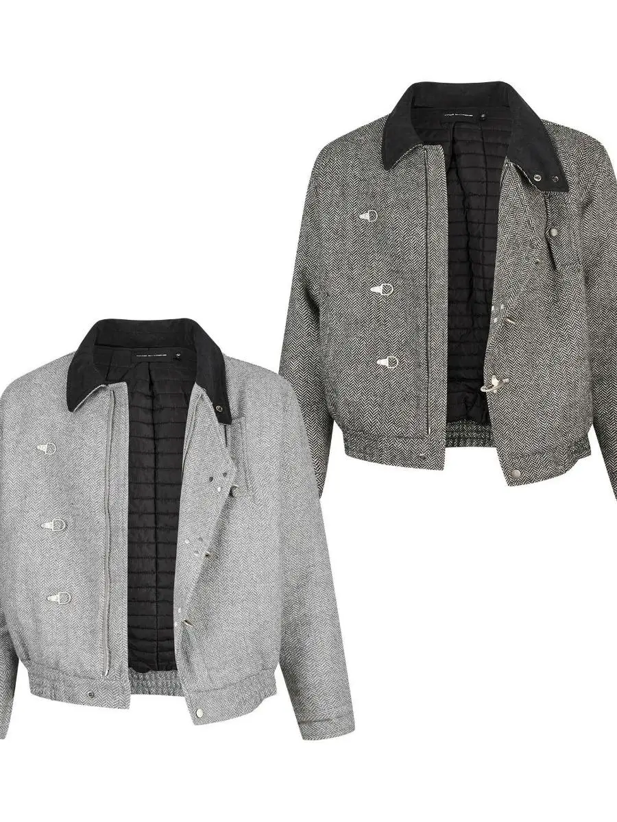 

Мужская ретро-куртка в американском стиле из хлопка и шерсти, в клетку, свободного кроя, теплая, повседневная, с длинной молнией, с наполнителем из полиэстера