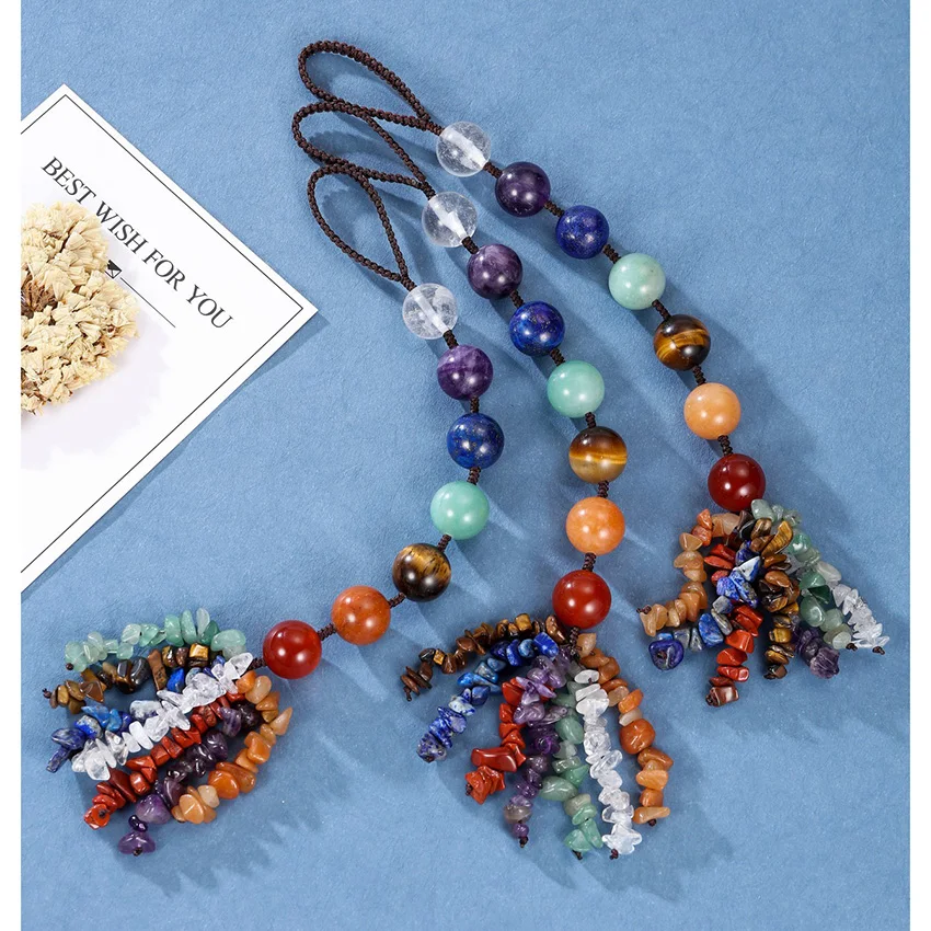 

Braided Macrame Crystal Quartz 16mm Stone Beads Pendant For Women 7 Chakra Chip Tassel Pendant Car Home Ornament Decor Jewellery