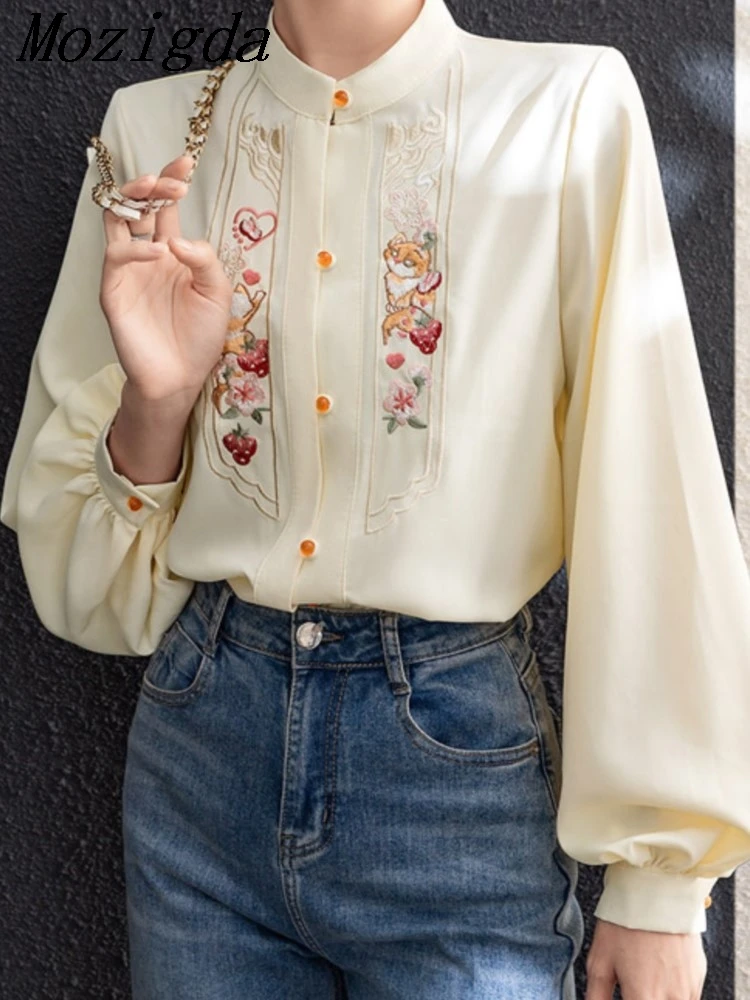 

Spring Summer Lantern Sleeve Embroidered Shirt Blouse Women Fashion Chinese Ladies Shirts Tops Modern Standing Collar Blouses