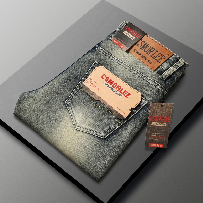 Calças jeans masculinas soltas e esticáveis, amarelo bronze, cor de lama, lavadas nostálgicas clássicas, calças de escritório, novo, 2024