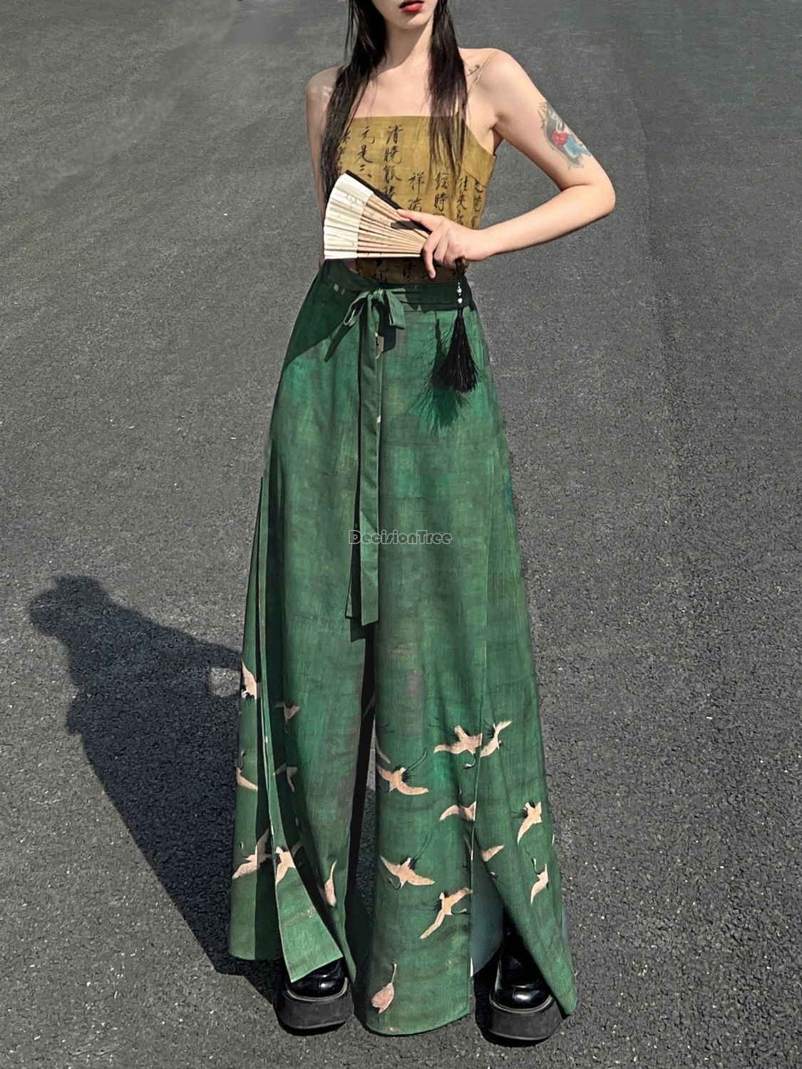 2024 crane printed temperament lacing pants chinese style loose casual versatile long pants comfortable cool high waist trousers