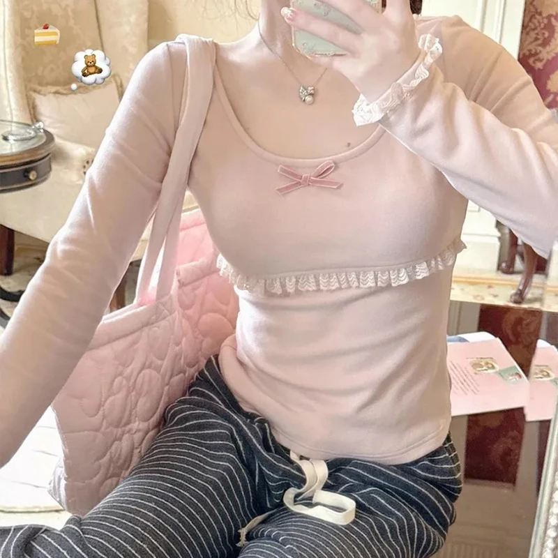 

Розовая кружевная лоскутная блузка с бантом и длинным рукавом, с вырезом в форме сердца, тонкий модальный хлопковый топ, осенняя классическая вневременная женская футболка