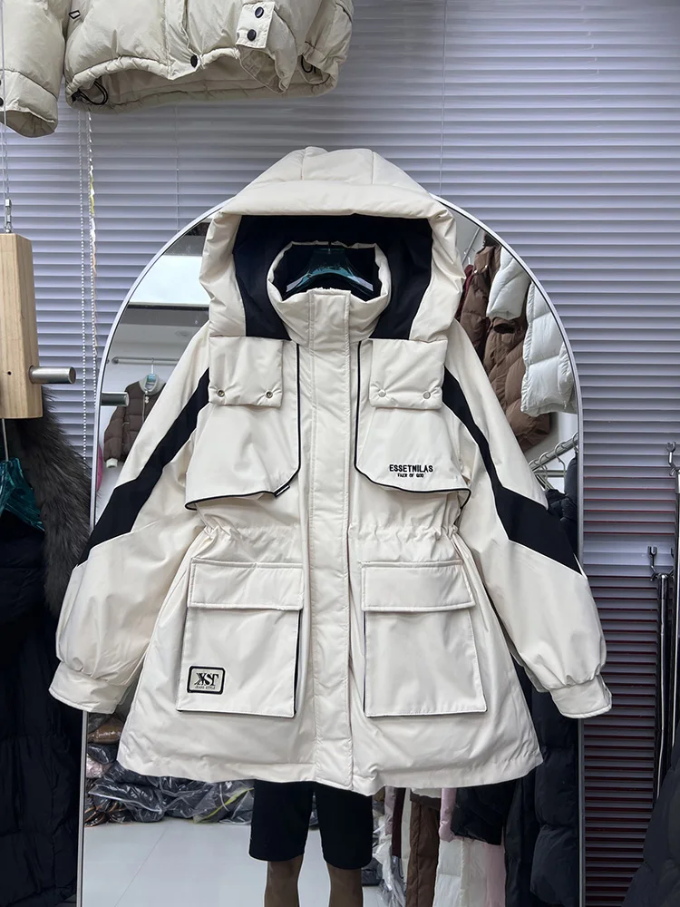 Women Middle Long Workwear Parkas Overcoat Fashion Hoodie Waist Cincined Slimming Color Blocked White Duck Down Coat