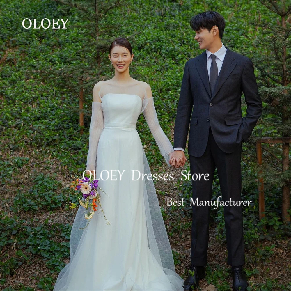 OLOEY Ivory Strapless A Line Wedding Dress With Sleeves Korea Photoshoot Pleat Tulle Bridal Gown Floor Length Bride Dress Custom