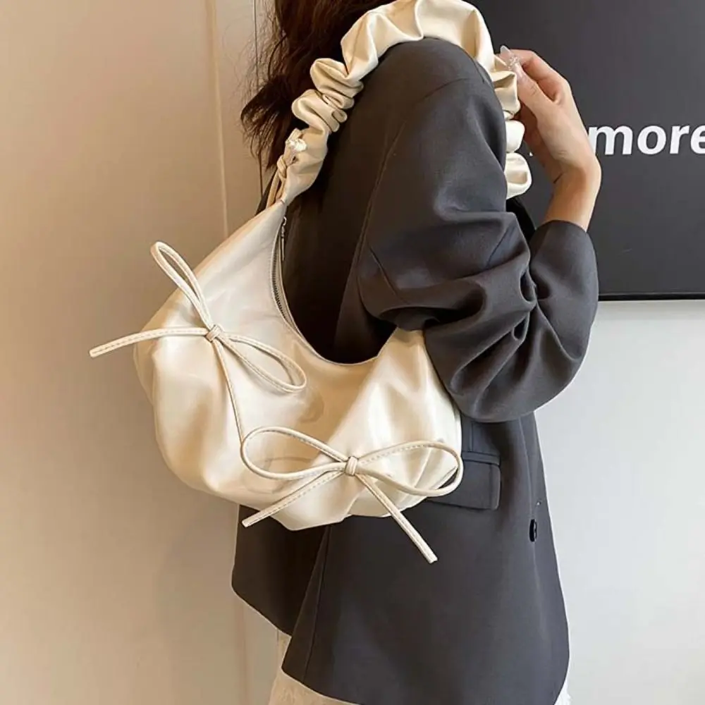 

Casual Korean Style Pleated Bow Tote Bag Handbag Solid Color PU Shoulder Bag Minority Design Pleated Strap Underarm Bag Portable