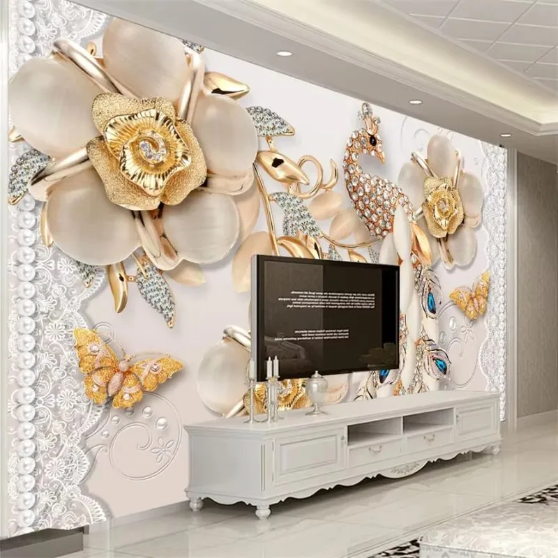 papel de parede 3d  Custom wallpaper  Luxury jewelry peacock flowers wall background wallpapers for living room home decor mural