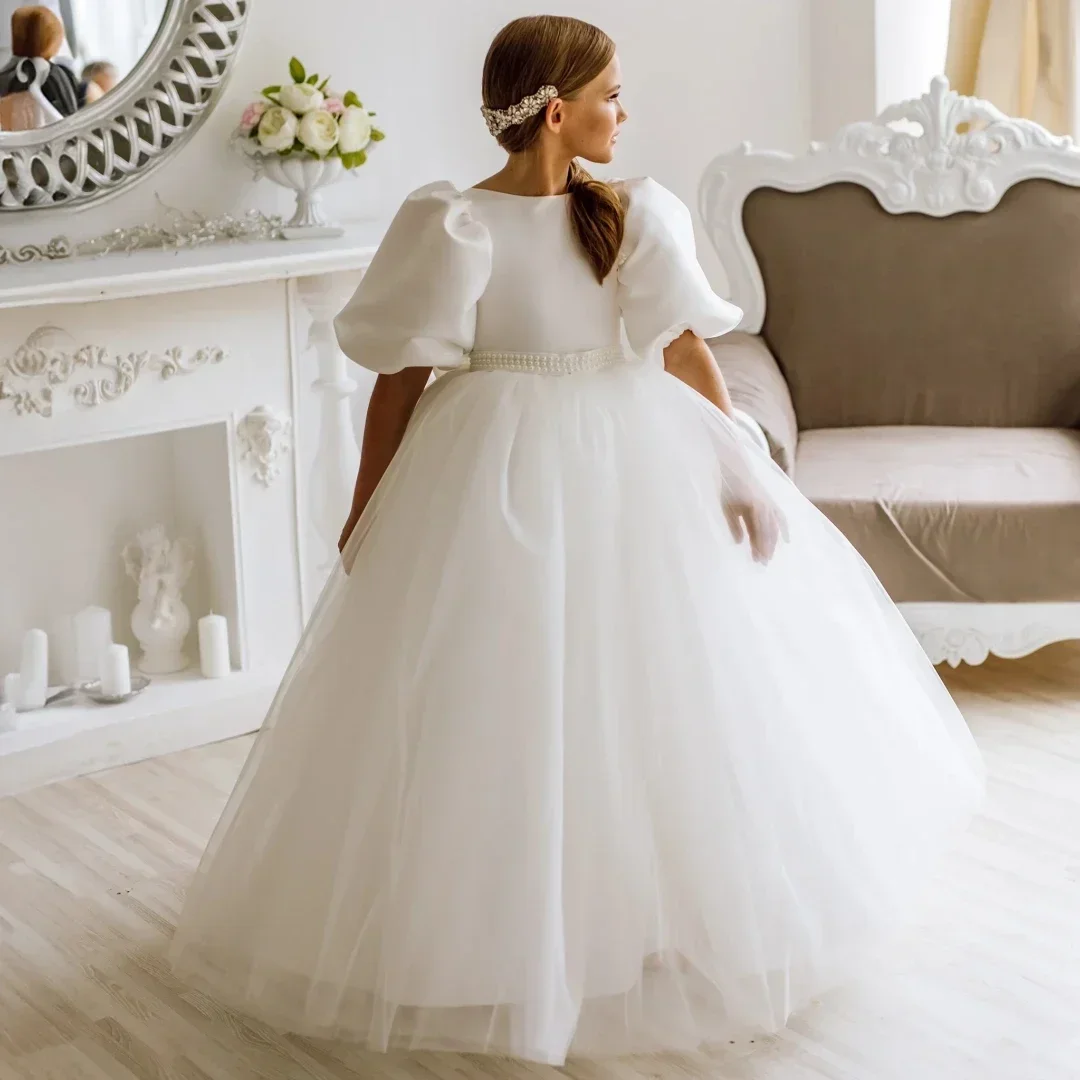 Customized Flower Girl Dress White Pearls With Bow Short Sleeve For Wedding Birthday Party Holy Communion Banquet Princess Gown