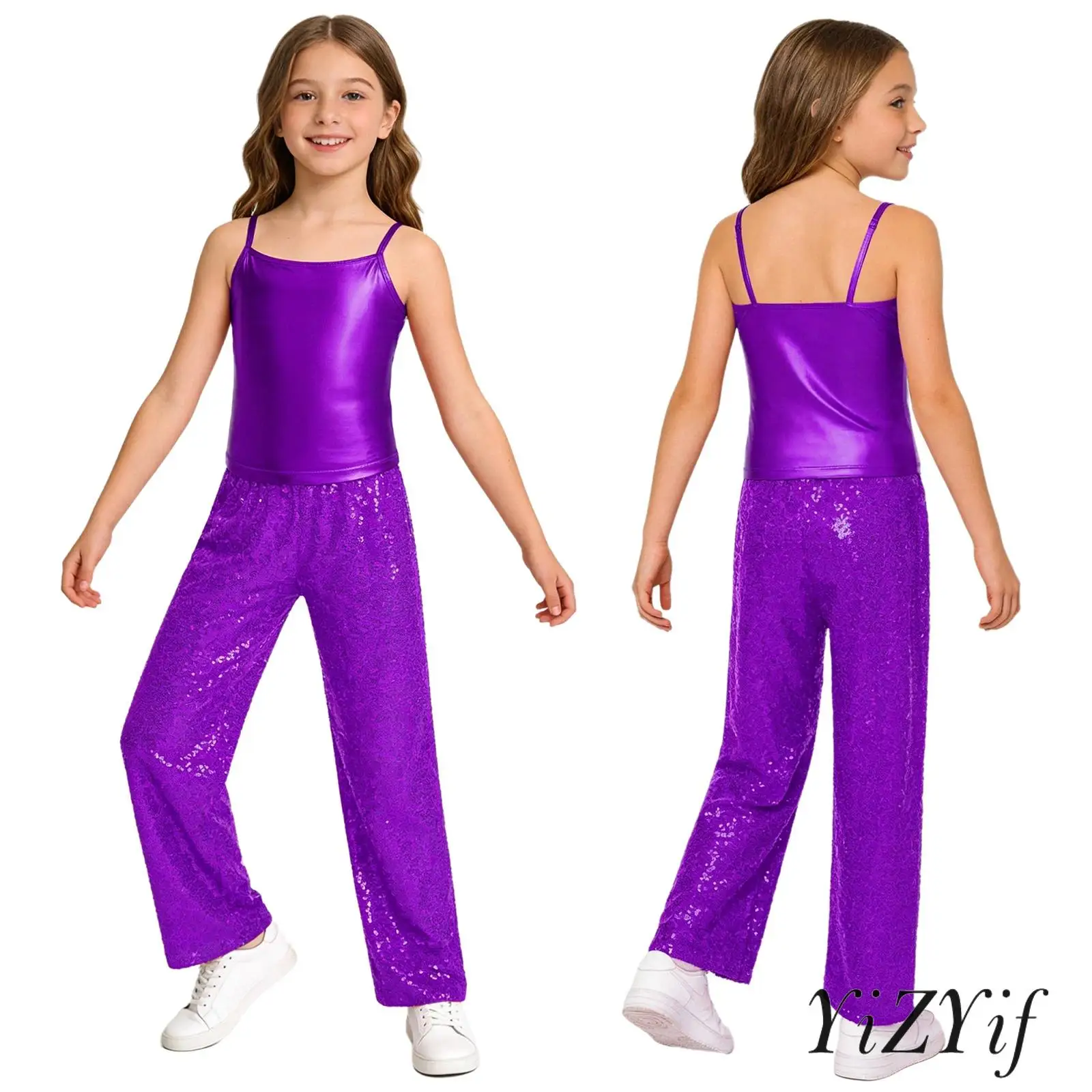 

Girls Jazz Street Dance Set Spaghetti Strap Metallic Camisole And Sparkling Sequin Elastic Waist Pants for Hip Hop Dance Party