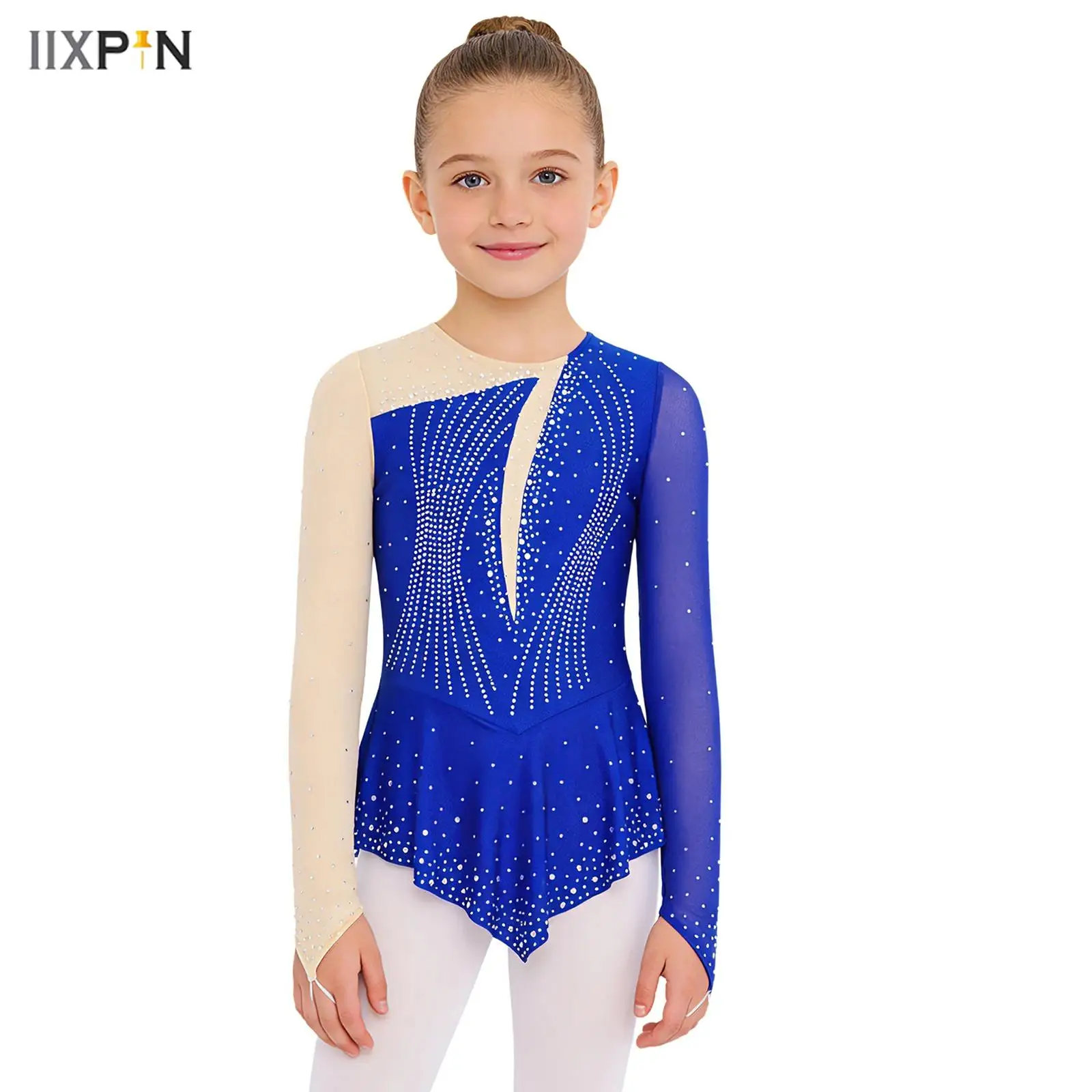 

Детское платье для фигурного катания с блестками для девочек, балетное платье, купальник для художественной гимнастики с длинными рукавами и прозрачной сеткой, танцевальная одежда для выступлений