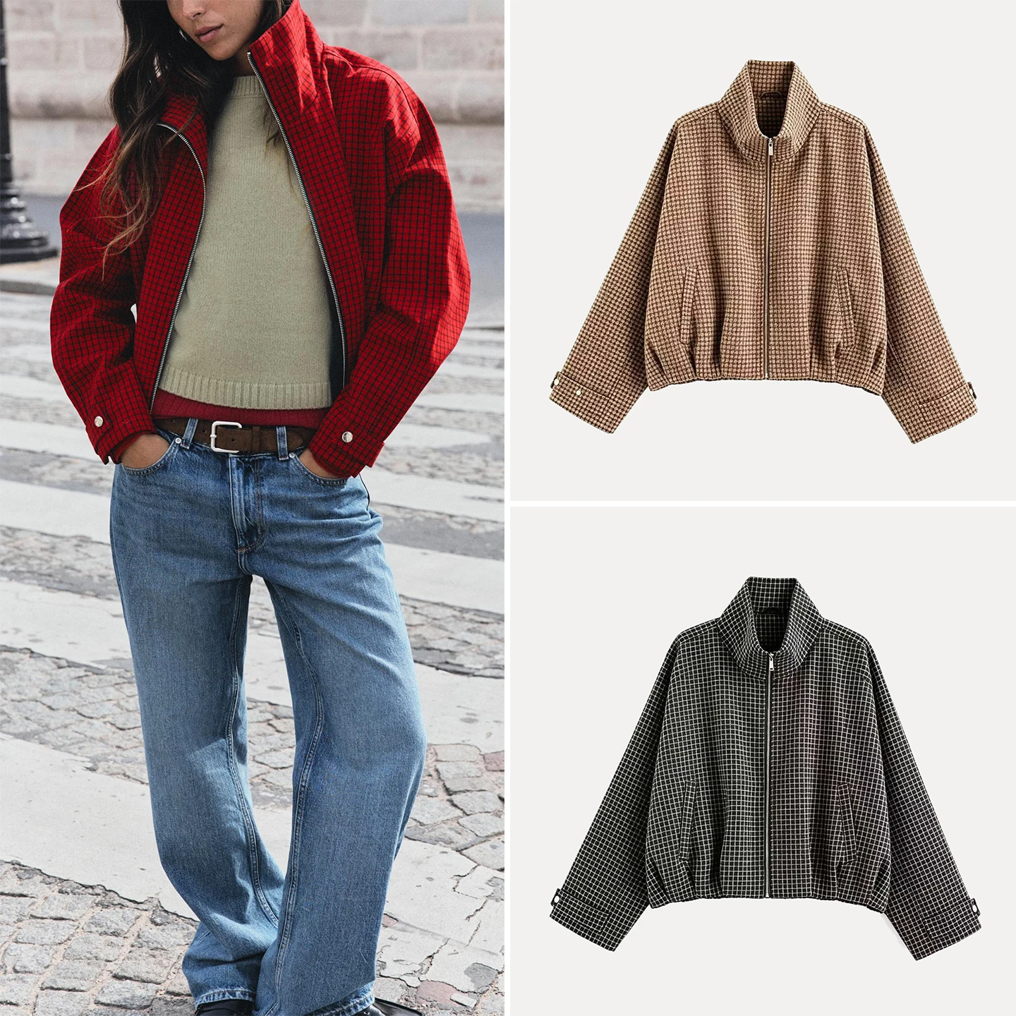 Women's Autumn 2026 Plaid Pilot Jacket Long Sleeve Stand Collar Outerwear Standard Fit Zadata Brand Other Style Regular Length