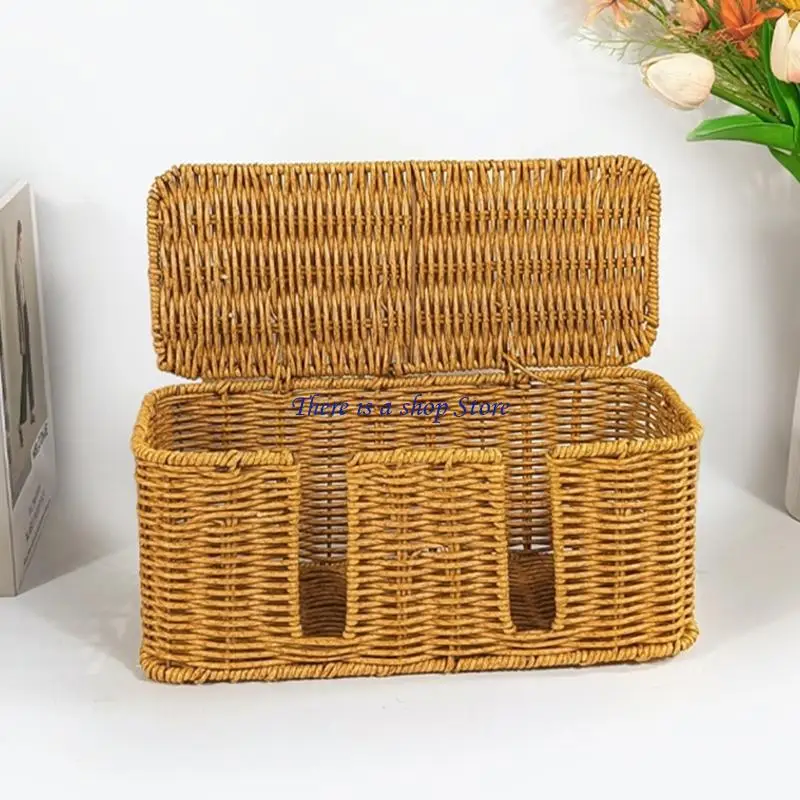 D0AD Desk Cable Storage Basket with Two-Compartment Design, Braided-Look Cord Holder for Tabletop Wire Control, Side Table