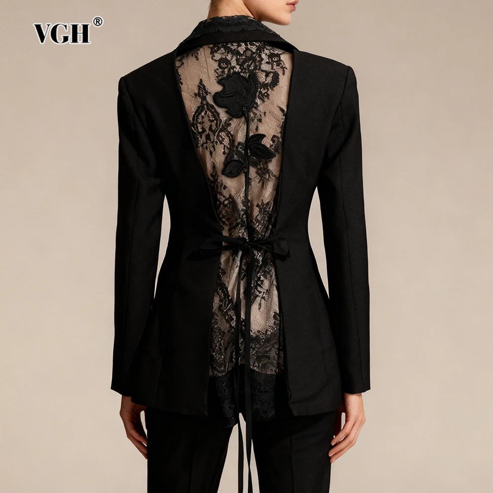 

VGH кружевной полый блейзер со сращенной спиной для женщин с зубчатым воротником и длинными рукавами в стиле пэчворк, тонкое сексуальное прозрачное пальто, женская мода