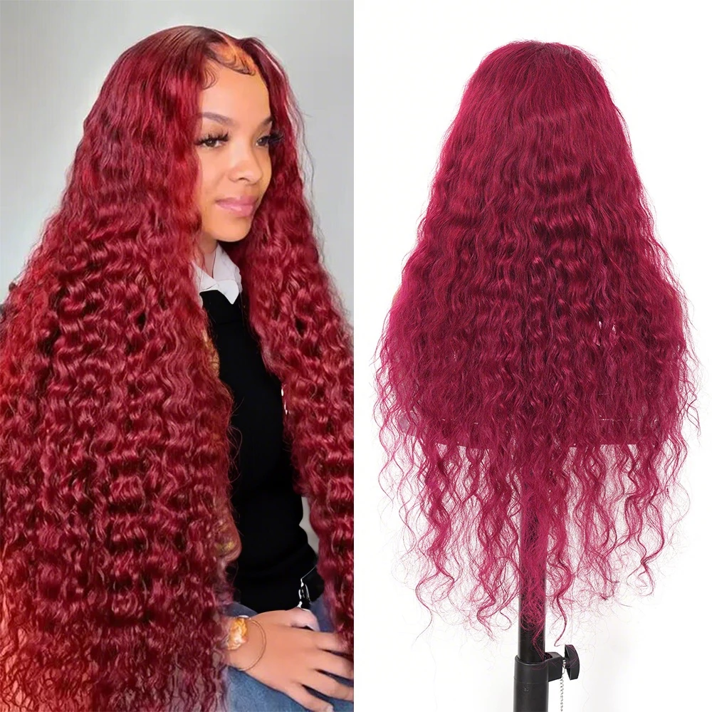 

13x6 Бордовый 99J Парик из натуральных волос на кружеве спереди, бразильский парик из натуральных волос с волнистыми волосами, плотность 180%, парик на Хэллоуин для женщин