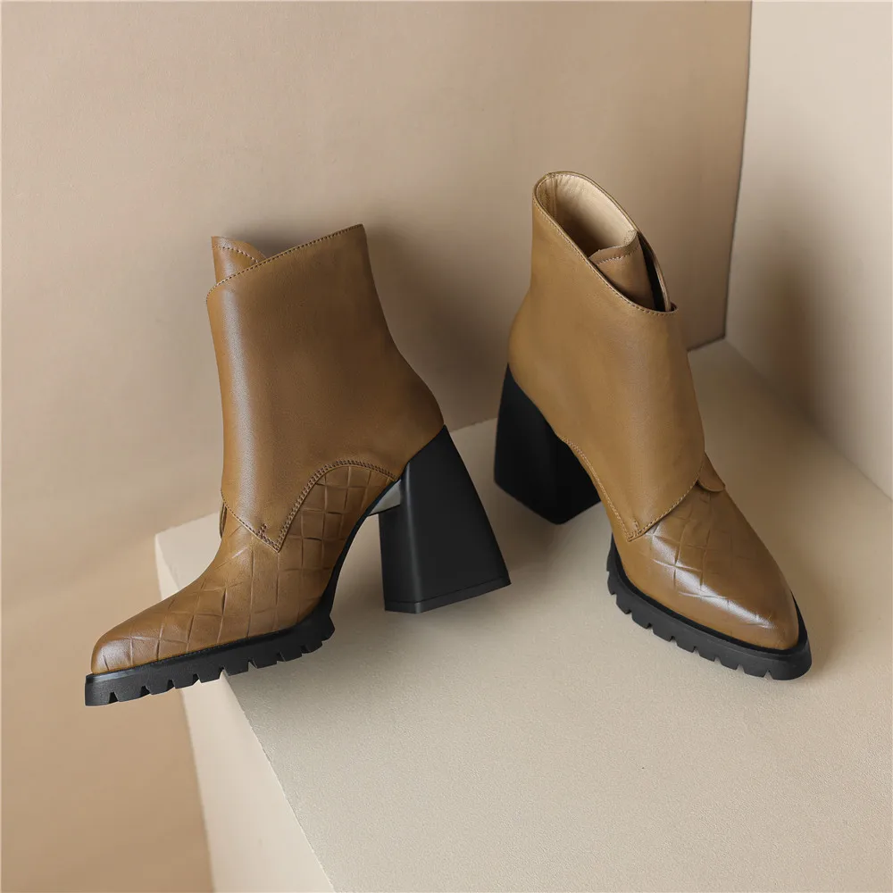 MILI-MIYA Fashion Pointed Toe Thick Heels Solid Color Women Full Genuine Leather Ankle Boots Hook Loop Handmade For Ladies
