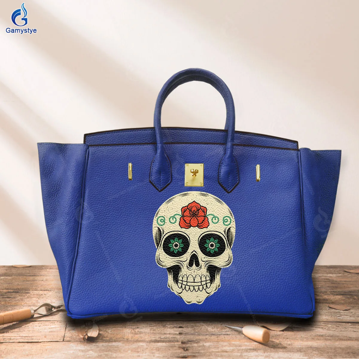 Printed Customize Art Bags Designer Totes Women Purses and Handbag Luxurious Lychee Pattern Really Leather Cowhide Rose Skull