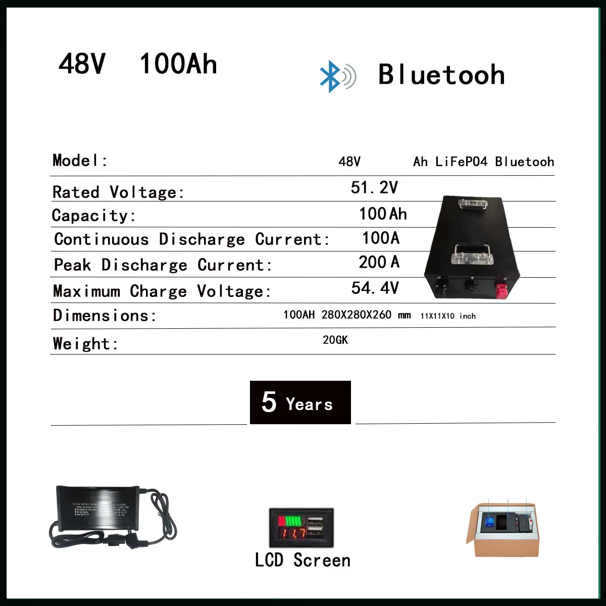 LiFePO4 Nieuwe 48V 50Ah 100Ah 200Ah Batterij Ingebouwde Bluetooth BMS Lithium-ijzerfosfaat Voor Solar Golfkar RV Opslag Boot