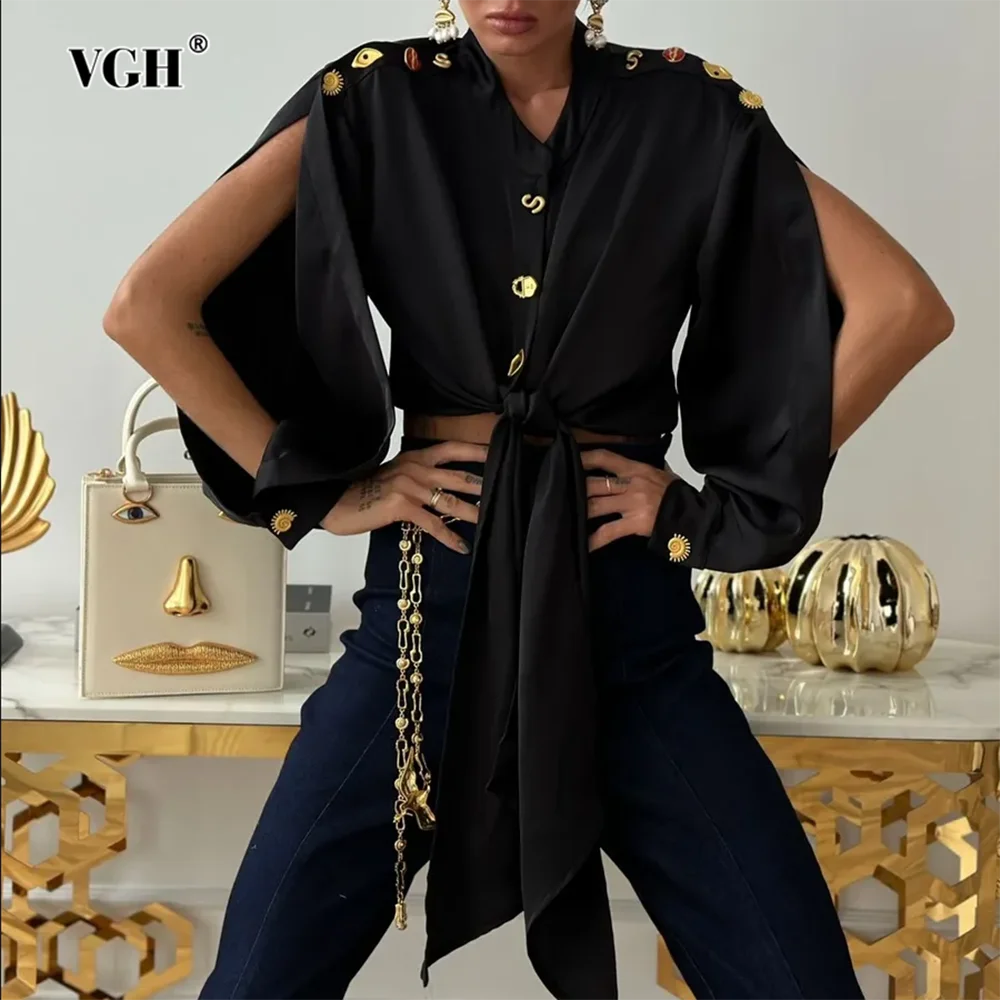 

VGH Hot Girl Patchwork Buttons Blouses for Women Stand Collar Split Long Sleeve Spliced Lace Up Hem Vintage Short Top Female New