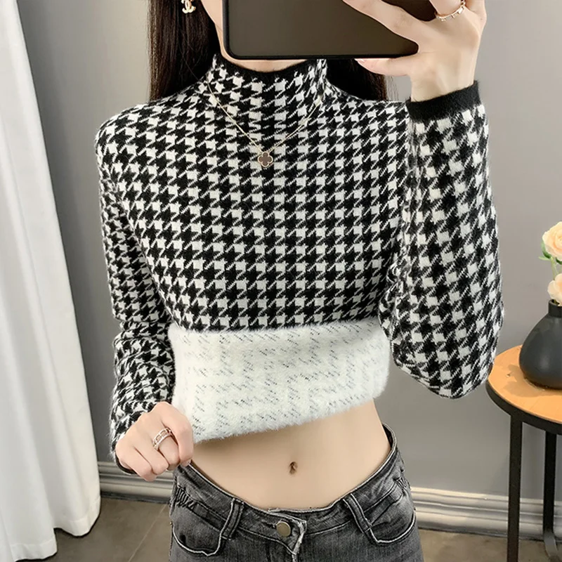 Autumn Winter Plus Velvet Fashion Houndstooth Pullover Harajuku Slim Fit Tops Women All Match Knitwear Long Sleeve Lady Sweaters