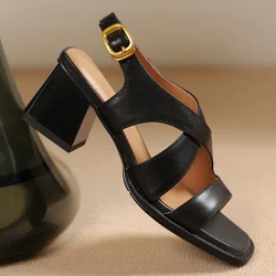 Women's genuine leather narrow bad cross strap 6cm thick high heel open toe sandals 2024 summer new elegant ladies heeled shoes