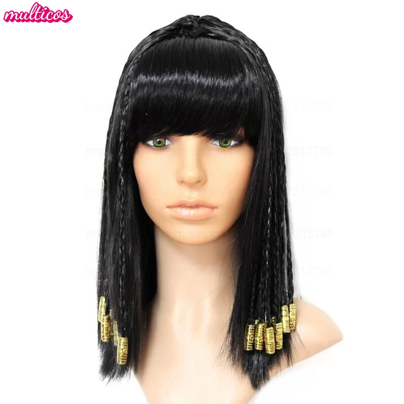 كليوباترا شعر مستعار امرأة مصر الملكة الشعر الأسود خرز ذهبي كليوباترا تأثيري اكسسوارات خوذة الرقص هالوين حفلة لعب الأدوار الباروكات #2