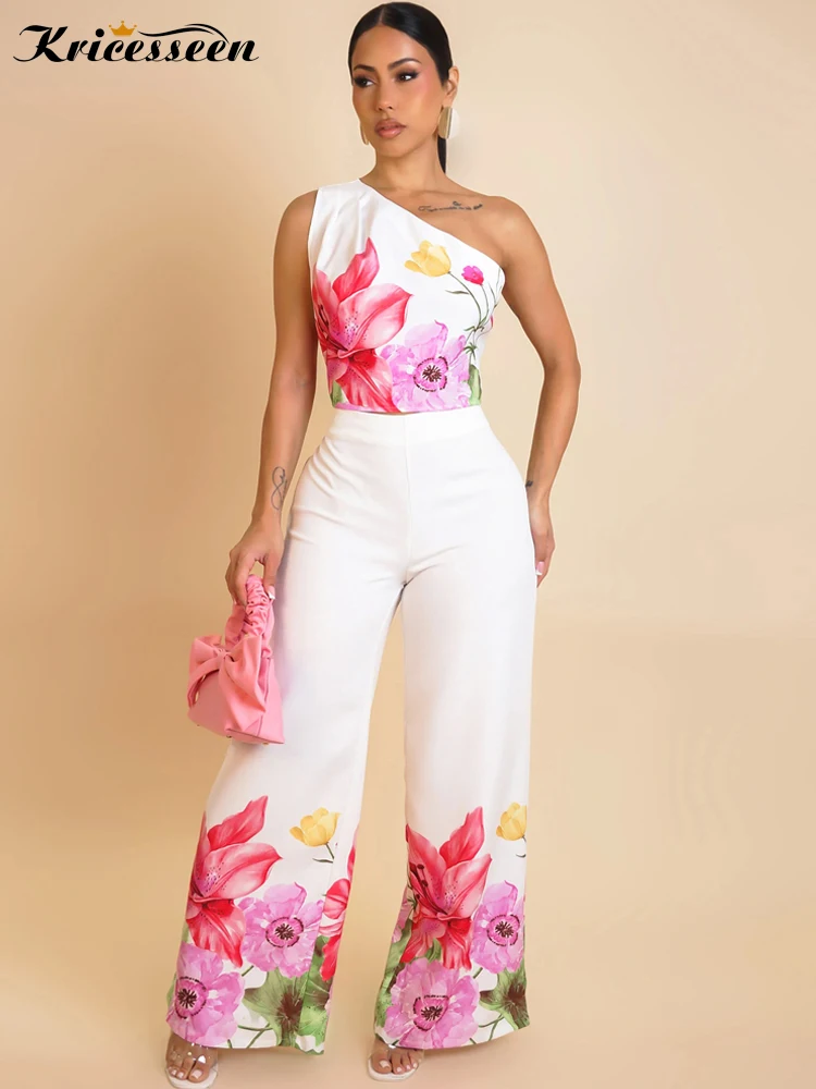 

Kricesseen Women's Floral Jumpsuits 2 Piece Outfits Elegant Flower Print Crop Top And Wide Legs Pant Set Clubwear Overalls