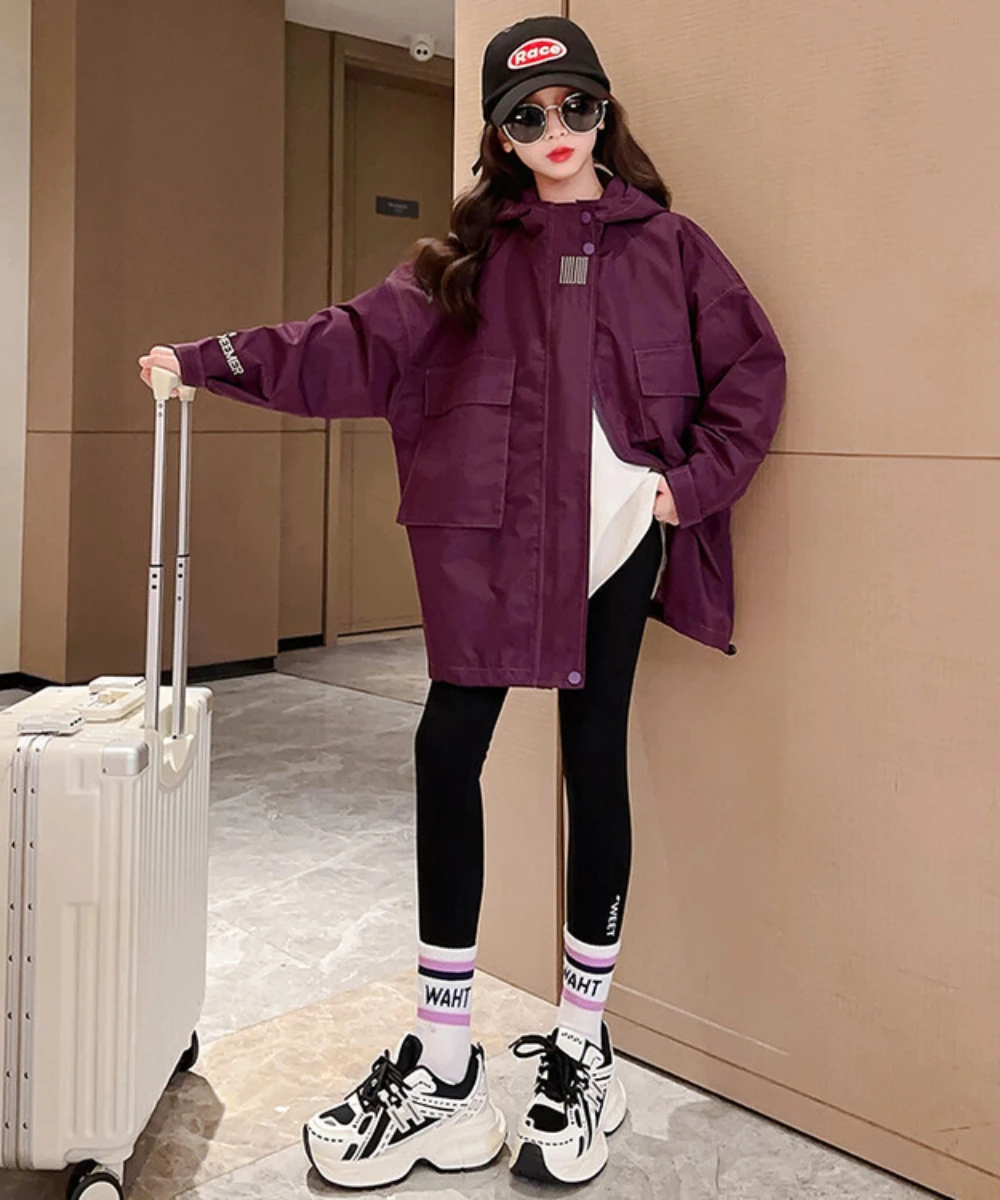 Girl Top 2023 New Spring Autumn Korean Fashion Style Sports Hooded Jacket Girls Solid Long Sleeve Trench Coat Children Clothes