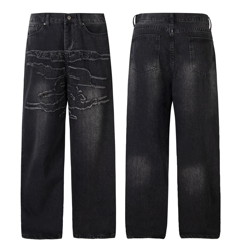 Europeu americano tendências projeto g/r jeans retalhos bordado tecido padrão calças de perna reta casual solto denim