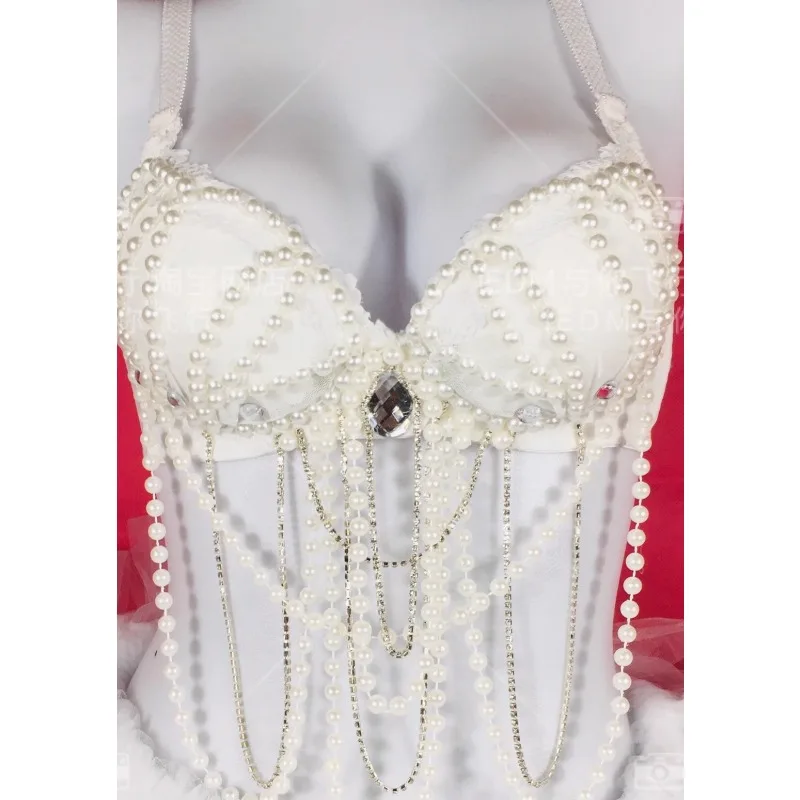 customized belly tassel pearl camisole top Raven glowing bra set glowing tutu skirt Bar performance skirt disfraz mujer carnaval