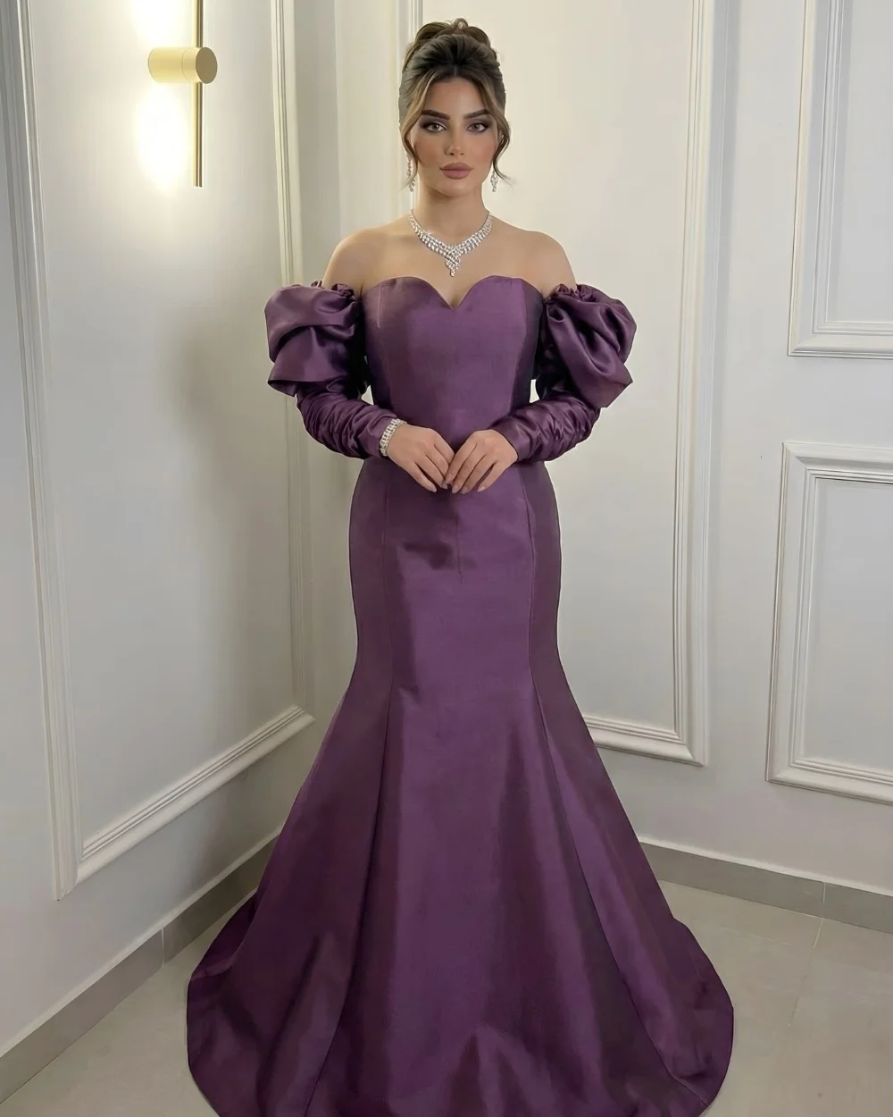 Personalizado roxo modesto requintado plissado puff manga sereia fora do ombro vestidos longos para mulher vestidos de noite pastrol