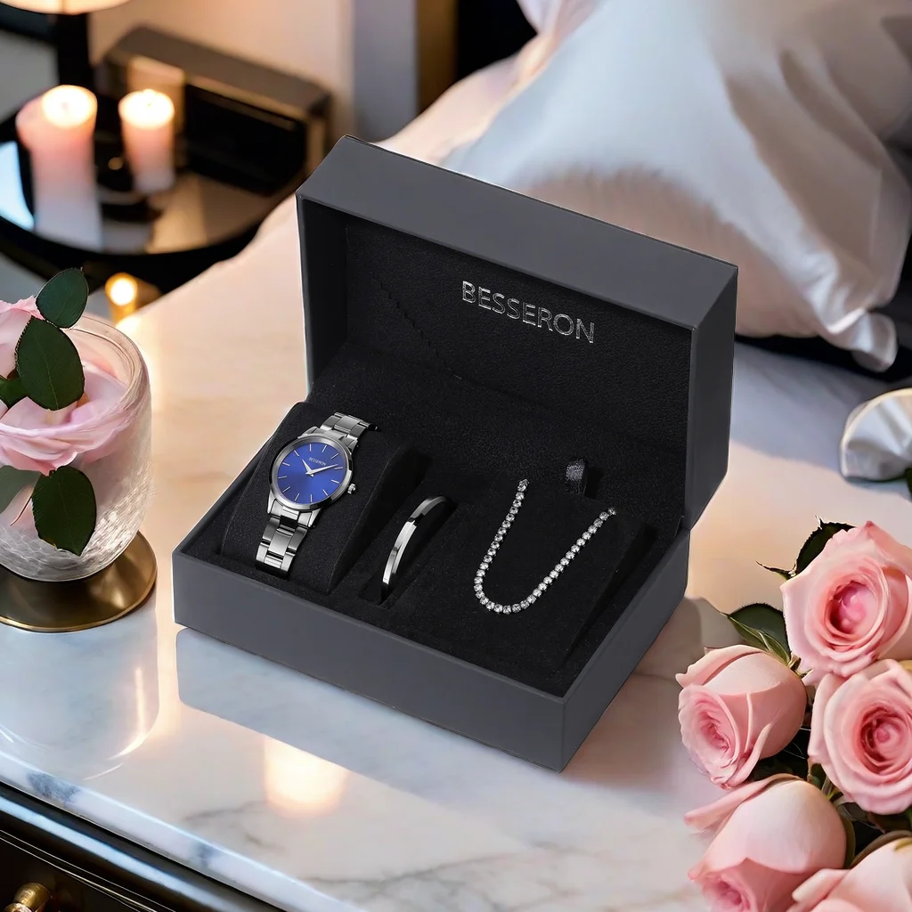 Besseron Best Selling Retail 3pcs Lady Luxury Wristwatch Jewelry Sets Stainless Steel Watch and Bracelet Gift Set For Women