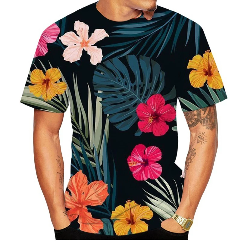 Hawaiian Flower Floral 3D Print T-shirt Fashion Streetwear Men Woman O-Neck T Shirts Summer Oversized Harajuku Tees Kids Tops